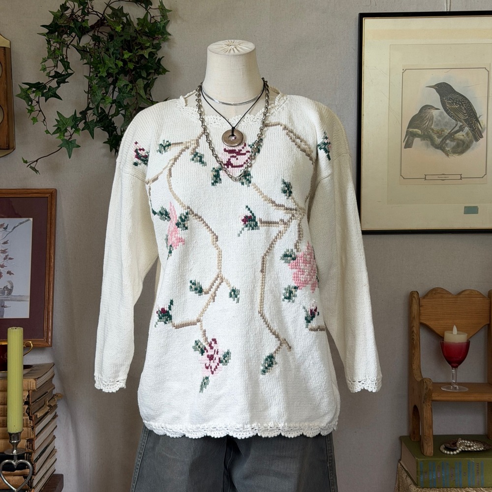 Cream Floral Embroidered Knit Sweater Cottagecore Vintage 90s M Granny Momcore